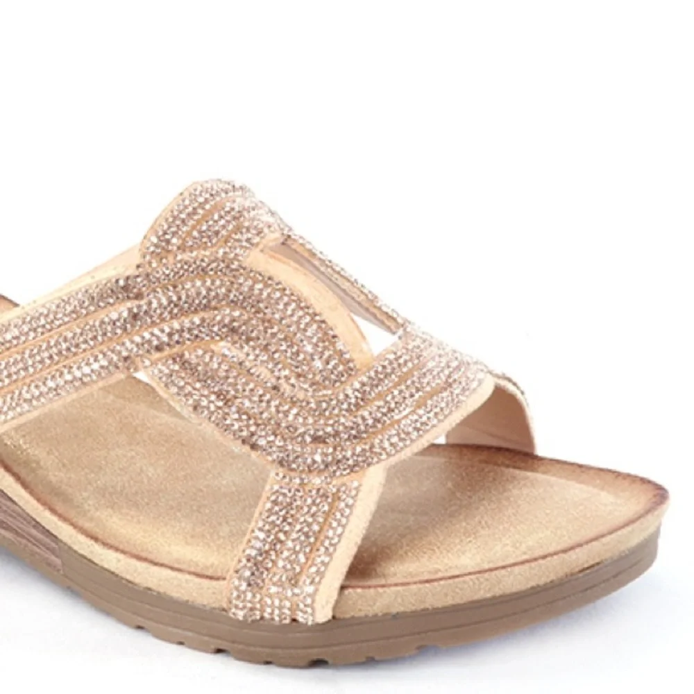 Italina Champagne Rhinestone Embellished Faux Leather Low Heeled Wedge Sandal